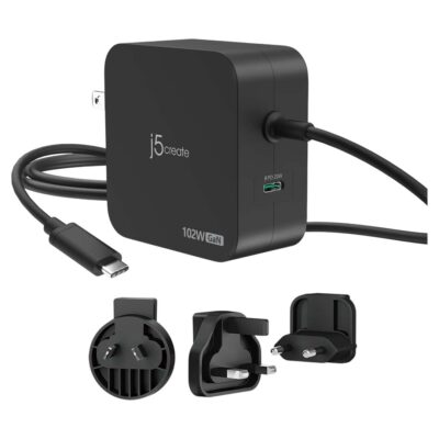 j5create 102W GaN PD USB-C 2 Port Charger with Changeable AC Plugs