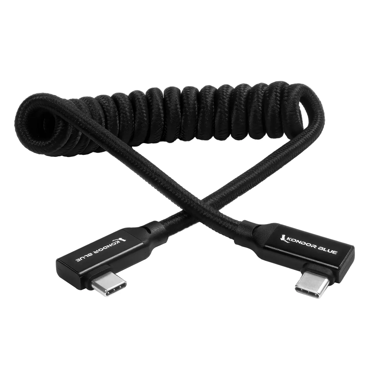 Kondor Blue 30 to 60cm Coiled USB-C Right Angle Braided Cable (Black)