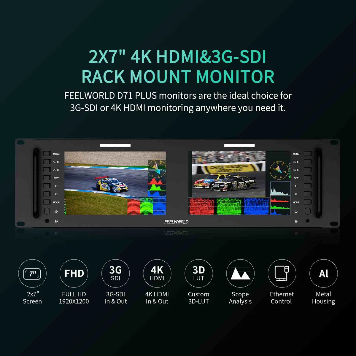 FeelWorld D71 PLUS Dual 7″ 3 RU Rackmount 4K HDMI/SDI Monitor
