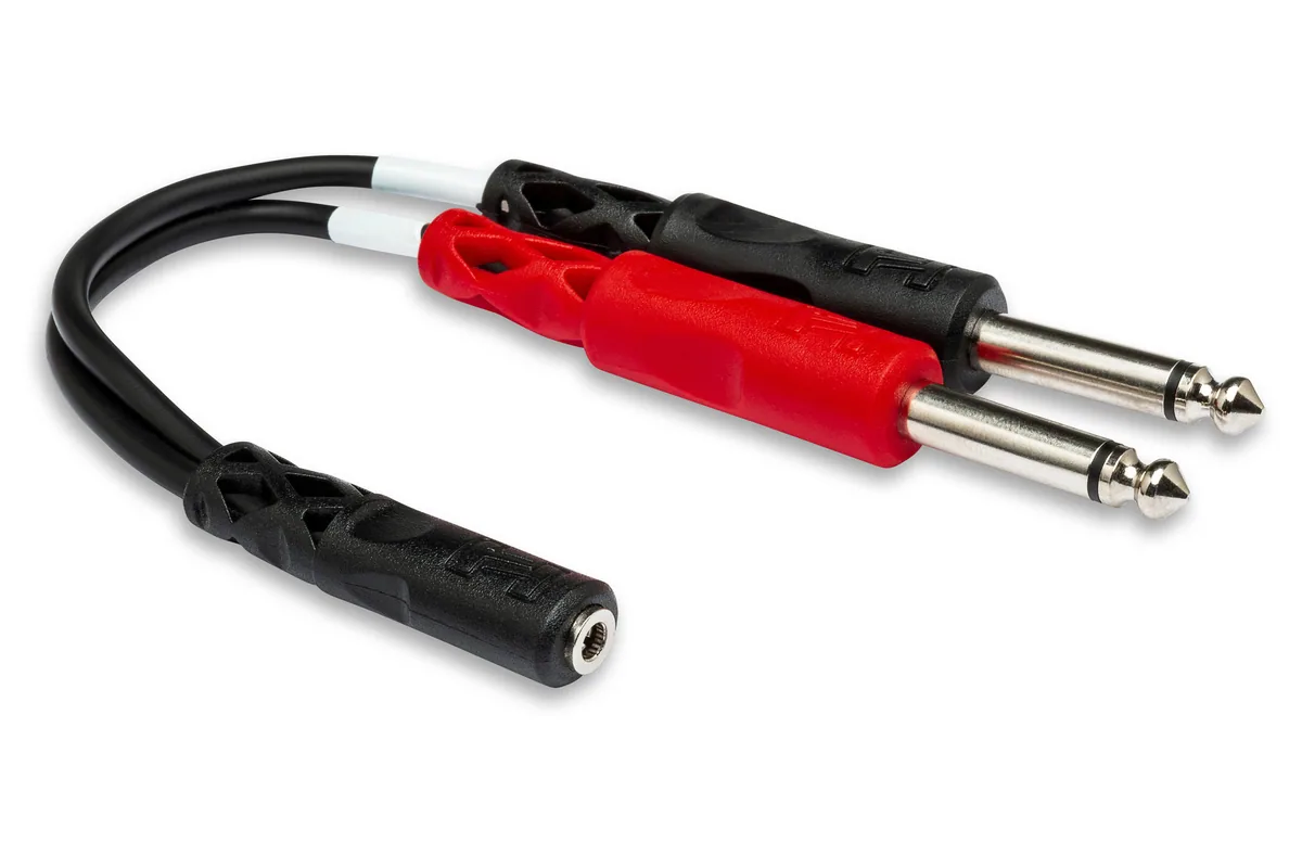 Hosa YMP-434 Stereo Mini (3.5mm) Female to 2x 1/4″ Mono Male Y-Cable – 6″
